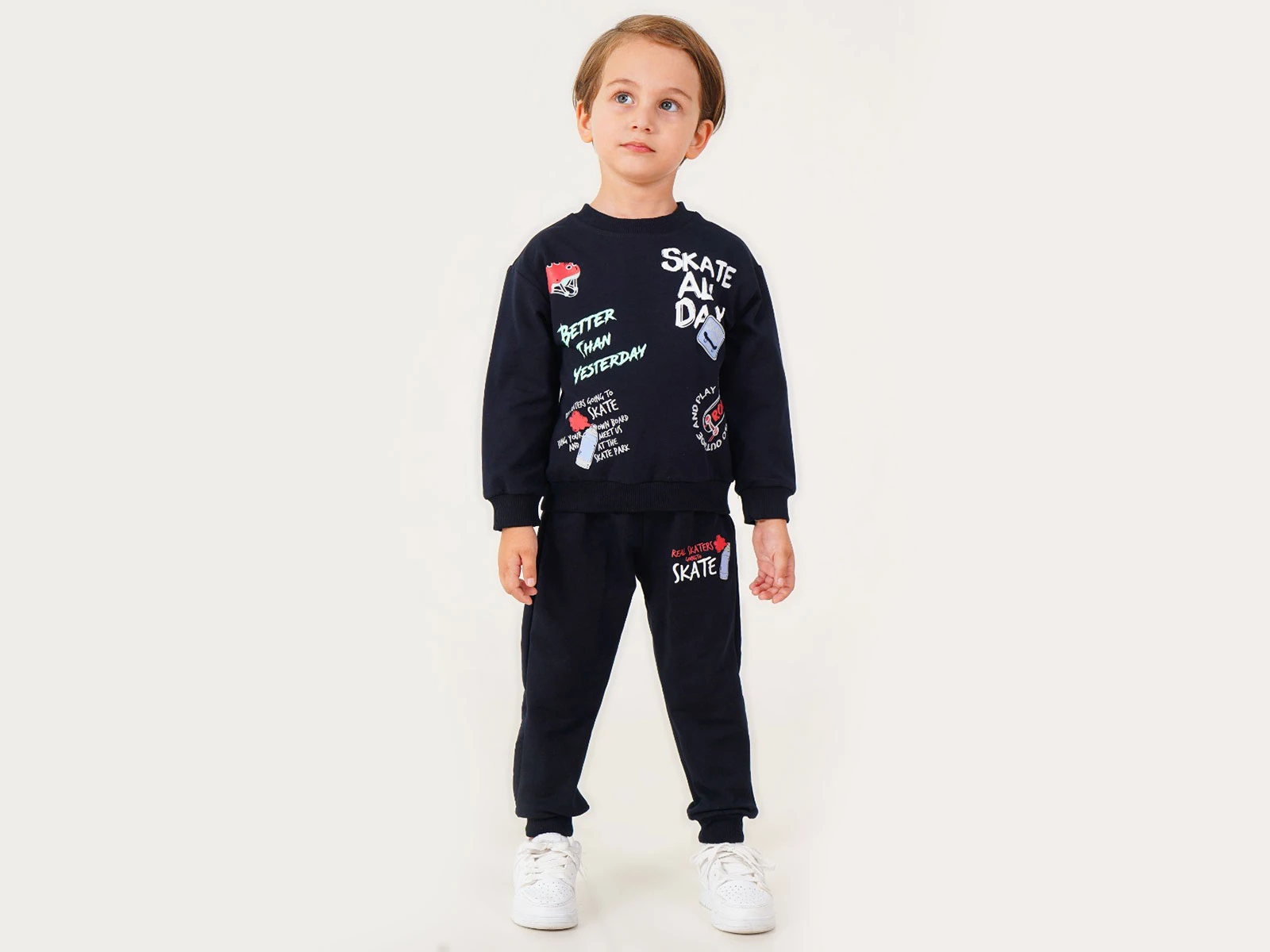 Toptan POYRAZ Skate Baskılı 2 İp Erkek Takım  Toptan Bebek Çocuk Giyim - Beniz Kids