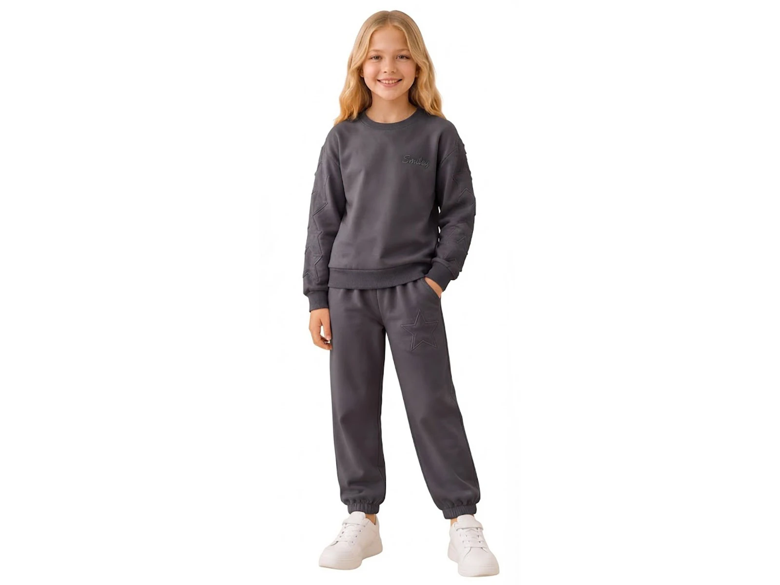 Toptan PALM LİFE Smiley Baskılı Yıldız Nakışlı Kız Takım  Toptan Bebek Çocuk Giyim - Beniz Kids