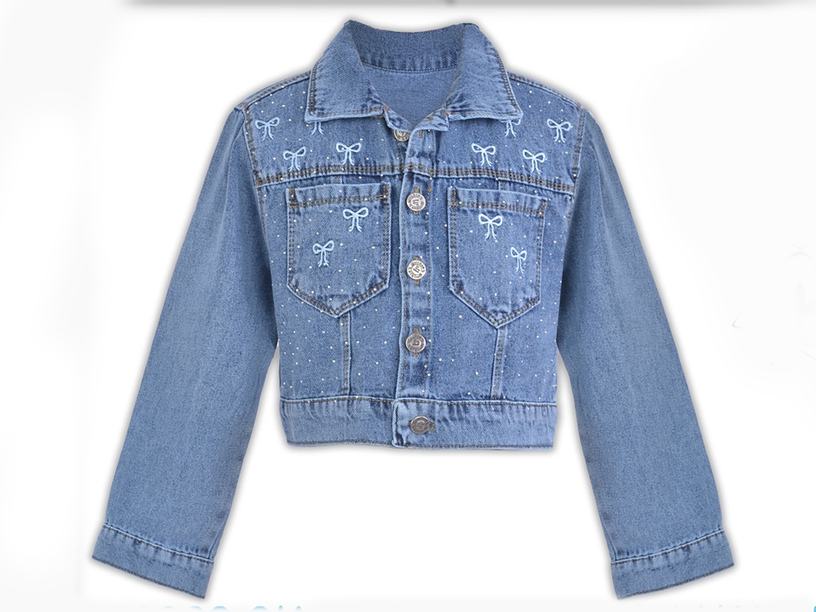 Taşlı Fiyonk Nakışlı Bel Boy Crop Kız Kot Ceket