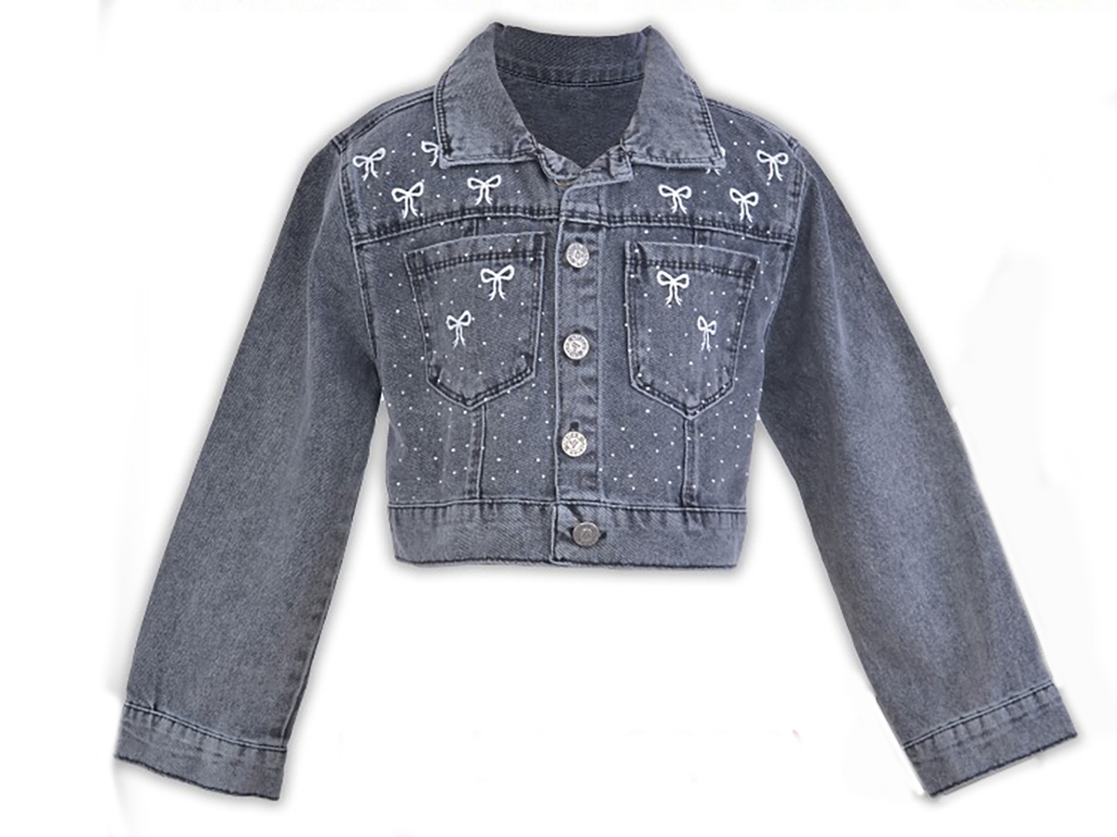 Taşlı Fiyonk Nakışlı Bel Boy Crop Kız Kot Ceket