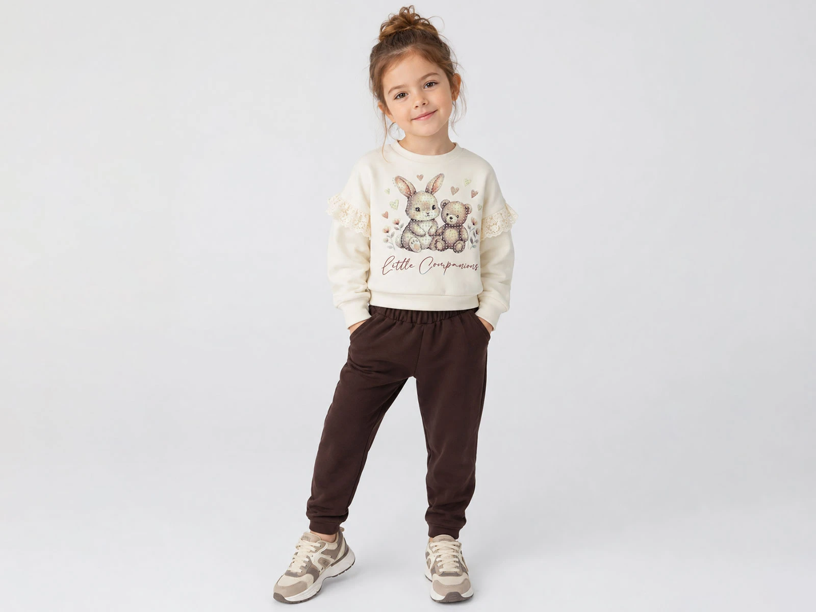 Toptan LADY GOLD Tavşan & Ayıcık Baskılı Taş Detaylı Fırfırlı Kız Takım  Toptan Bebek Çocuk Giyim - Beniz Kids