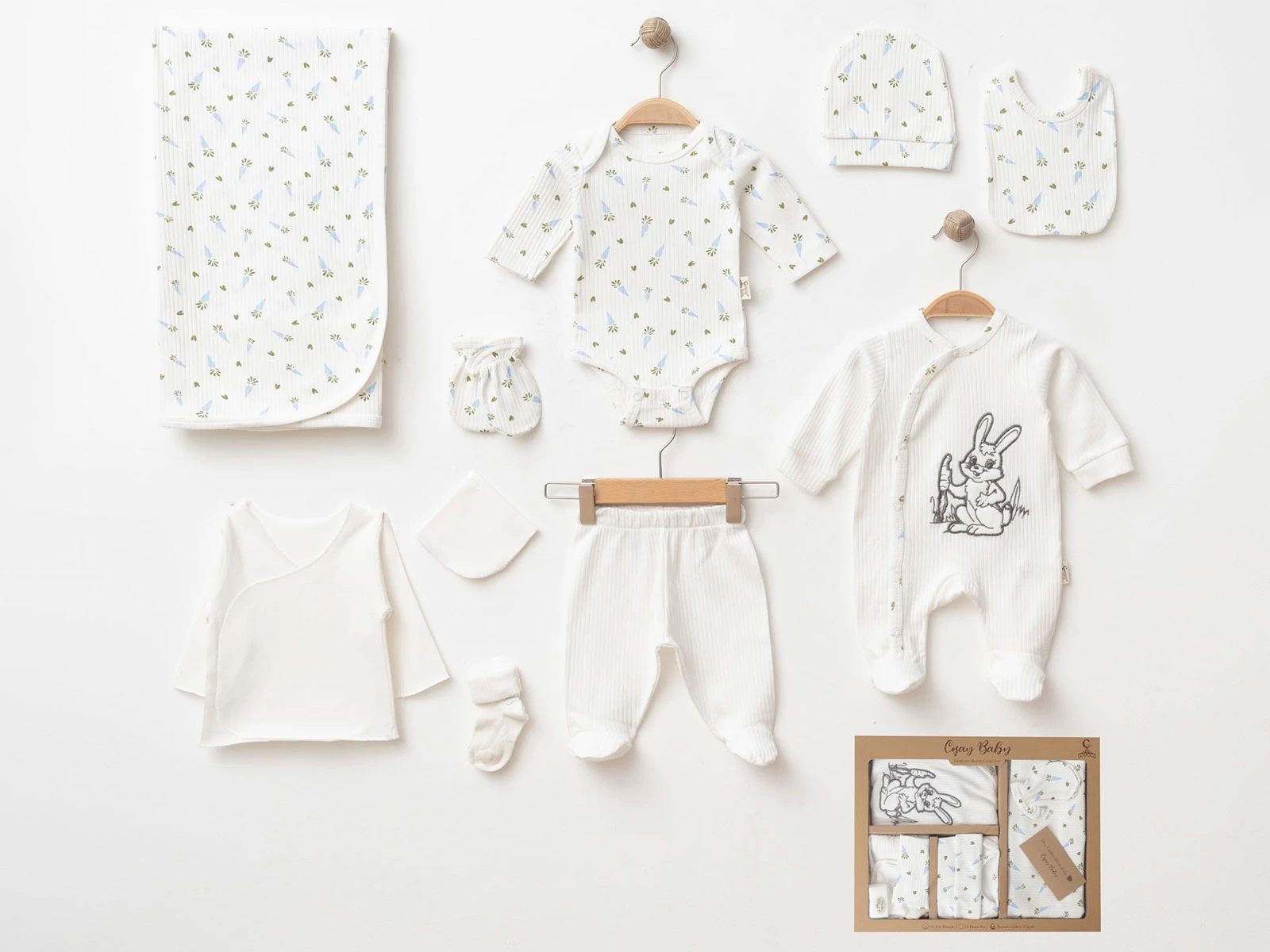 Toptan COŞAY BABY Tavşan Desenli Erkek Bebe Hastane Çıkışı 10'lu Set Toptan Bebek Çocuk Giyim - Beniz Kids
