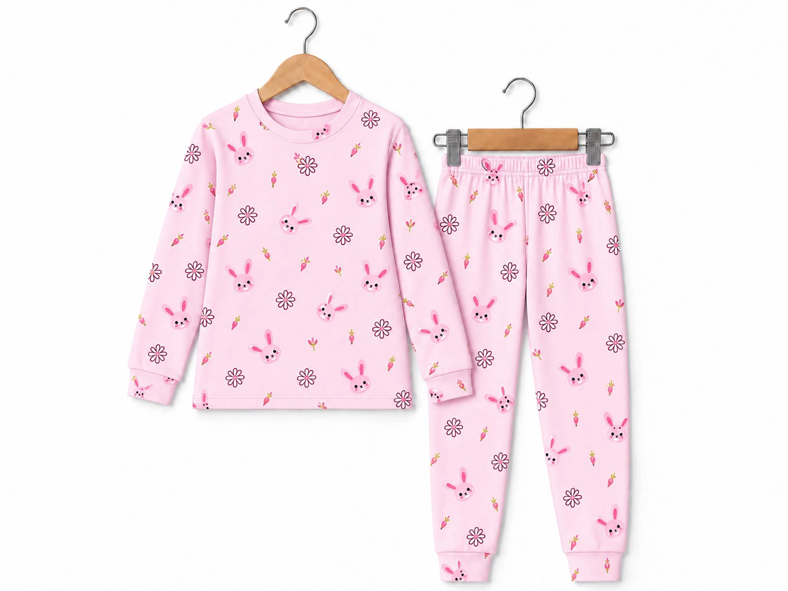 Toptan SÜPERMİNİ  Tavşan Desenli Kız Pijama Takım  Toptan Bebek Çocuk Giyim - Beniz Kids