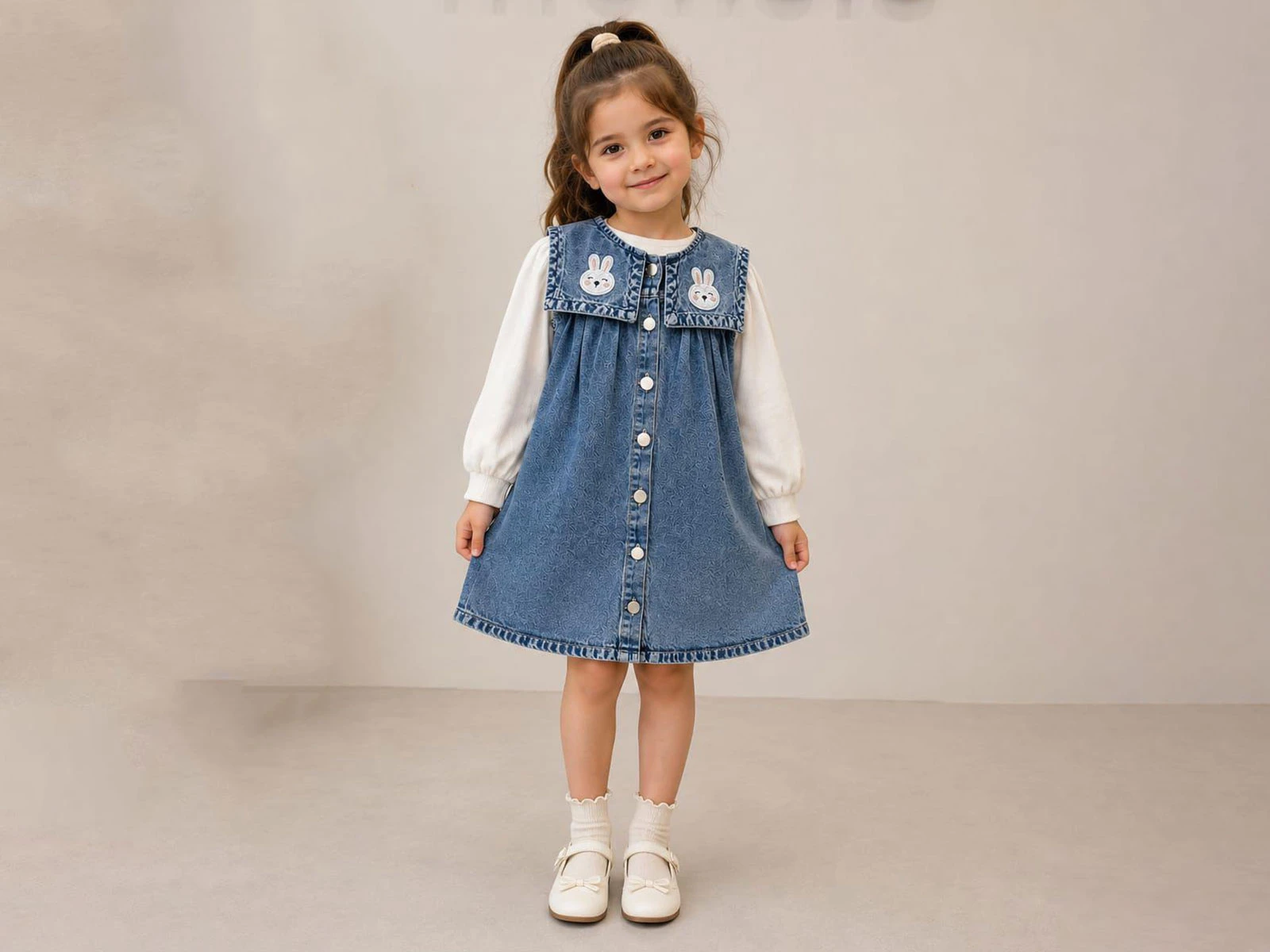 Toptan MENSİS Tavşan Nakışlı İkili Kot Elbise Set Toptan Bebek Çocuk Giyim - Beniz Kids