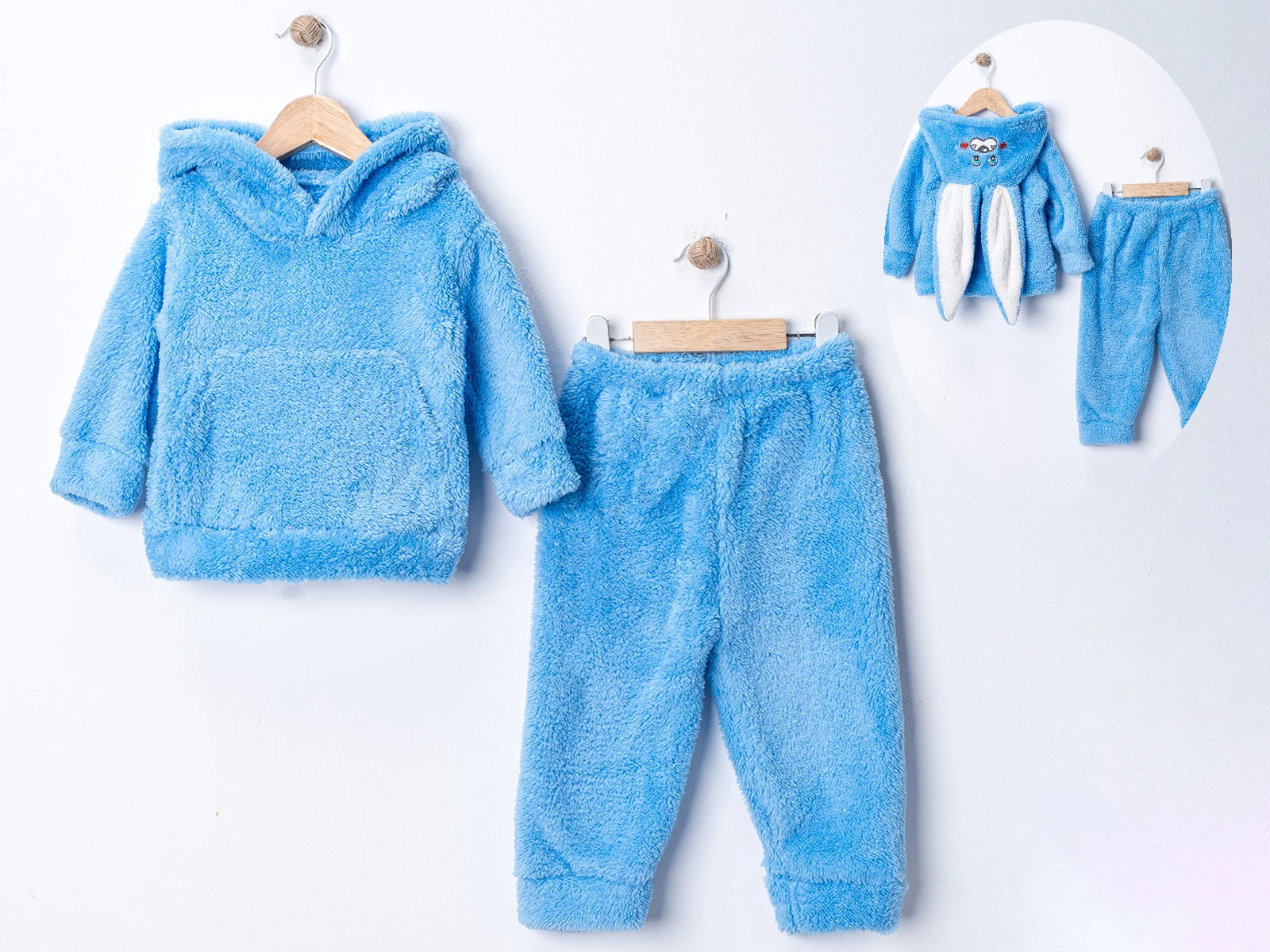 Toptan DENİTO Tavşan Şapkalı Kanguru Cepli Peluş Unisex Takım  Toptan Bebek Çocuk Giyim - Beniz Kids