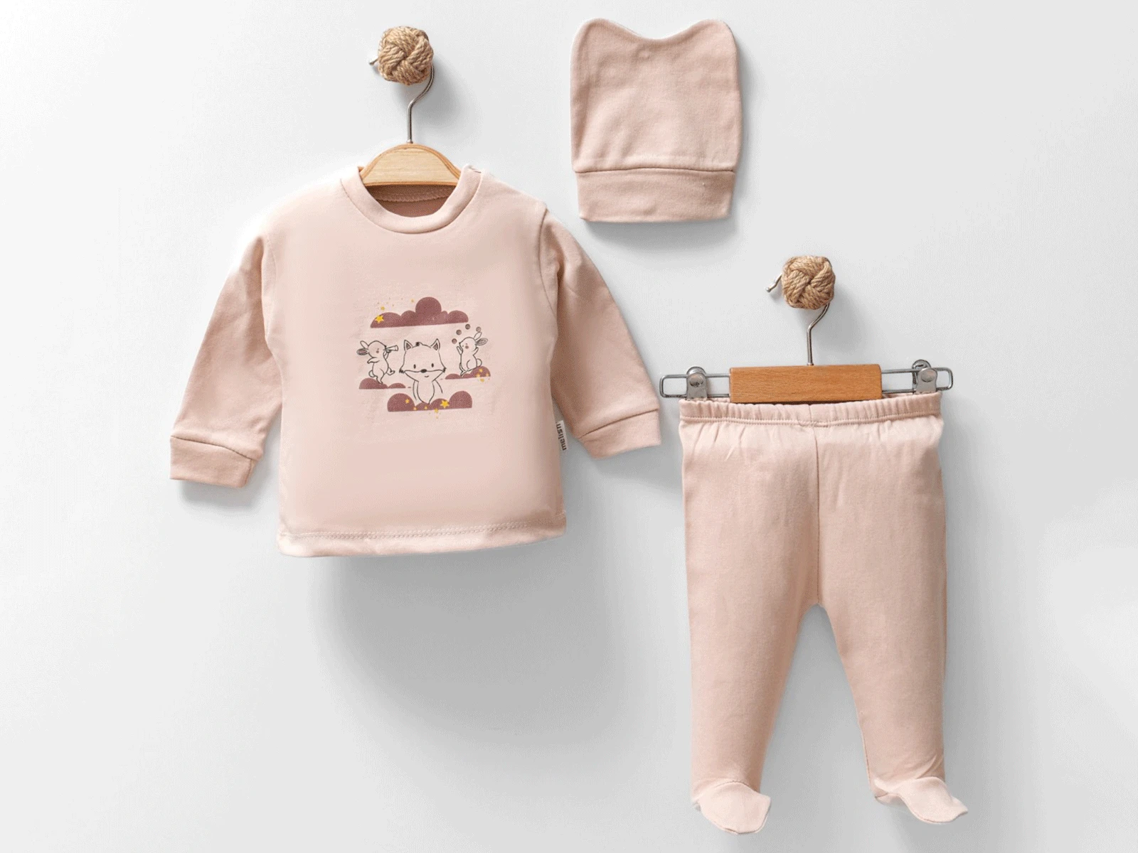 Tavşan & Tilki Baskılı Bereli Unisex Bebe Takım 