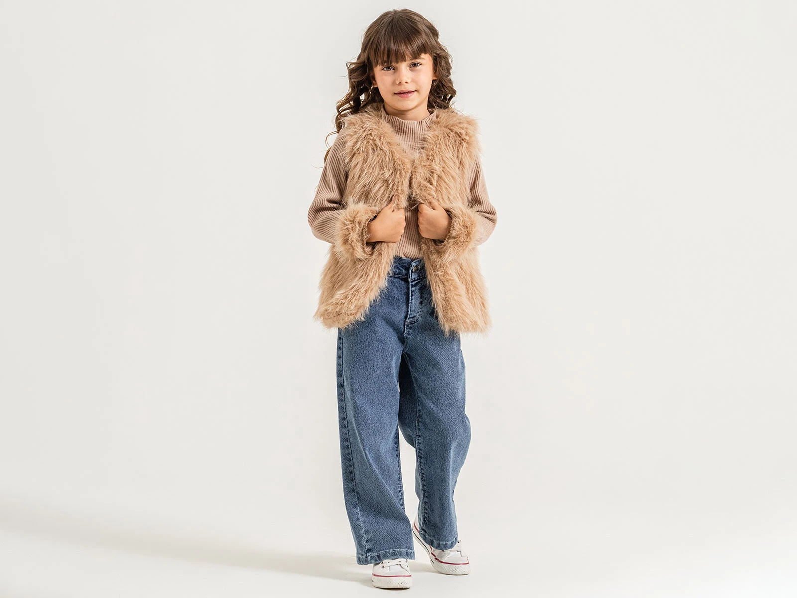 Toptan PAMPAL KİDS Tüylü Yelekli Kız Üçlü Takım  Toptan Bebek Çocuk Giyim - Beniz Kids