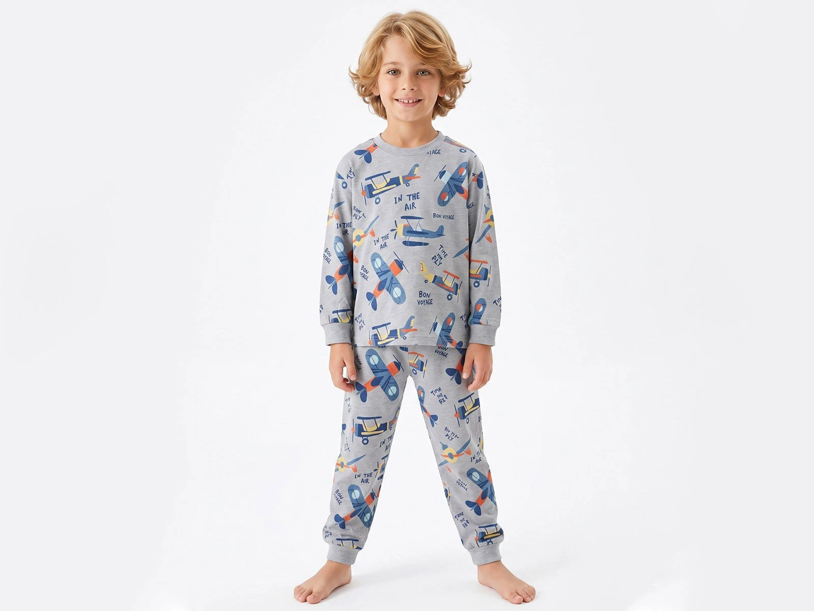 Toptan İSOBEL Uçak Desenli Erkek Bebe Pijama Takım Toptan Bebek Çocuk Giyim - Beniz Kids