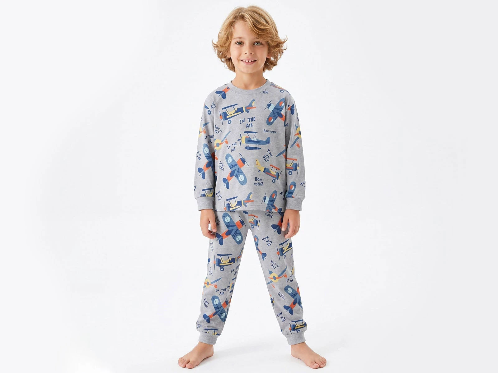 Toptan İSOBEL Uçak Desenli Erkek Pijama Takım Toptan Bebek Çocuk Giyim - Beniz Kids