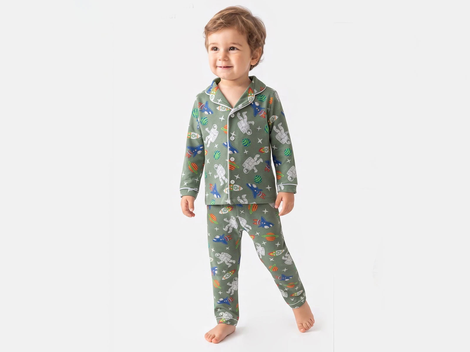 Toptan DOLAŞ Uzay Desenli Yakalı Düğmeli Erkek Pijama Takım Toptan Bebek Çocuk Giyim - Beniz Kids