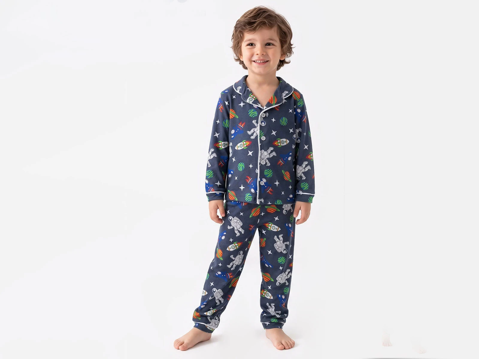 Toptan DOLAŞ Uzay Desenli Yakalı Düğmeli Erkek Pijama Takım Toptan Bebek Çocuk Giyim - Beniz Kids