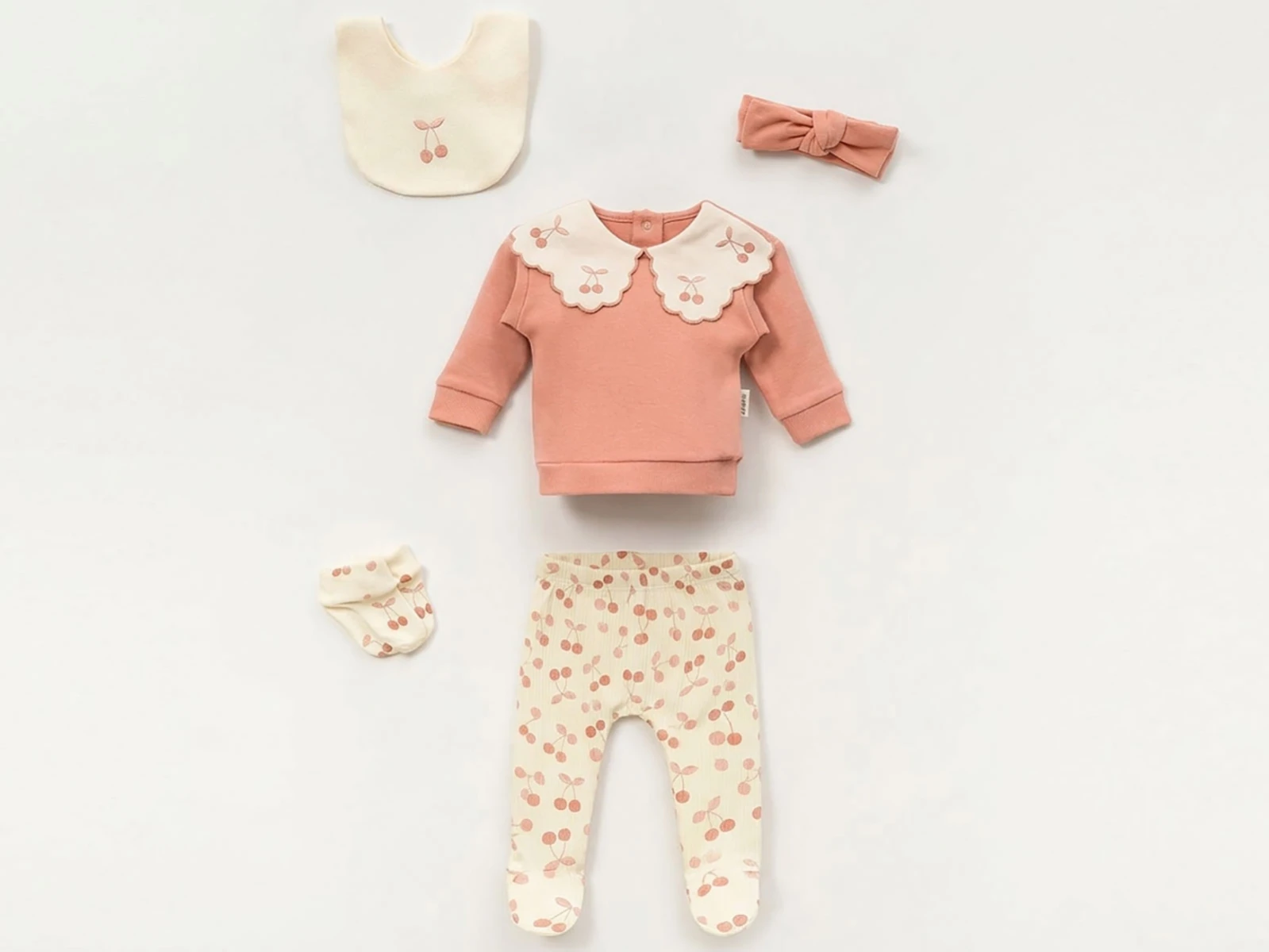 Toptan VOVİDO Yakalı Kiraz Nakışlı 5li Kız Yenidoğan Zıbın Set Toptan Bebek Çocuk Giyim - Beniz Kids