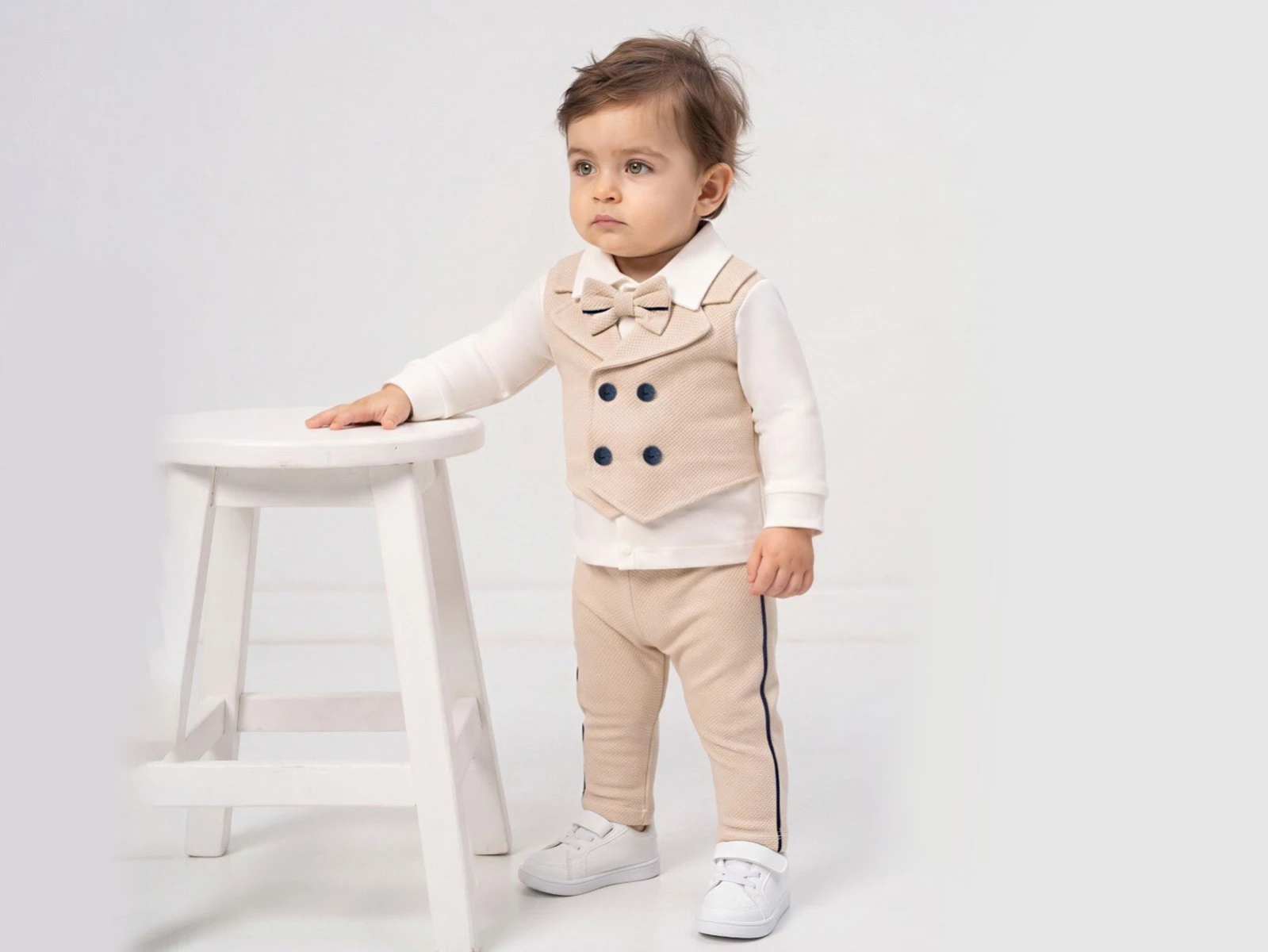 Toptan CAYZEN Yelekli Papyonlu Üçlü Erkek Bebek Takım Toptan Bebek Çocuk Giyim - Beniz Kids