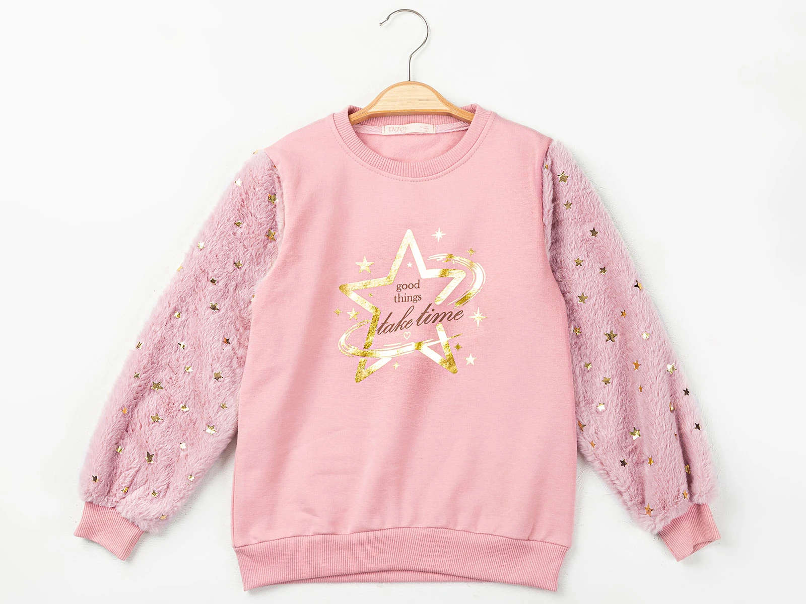 Toptan ENJOY BABY Yıldız Desenli Peluş Detaylı 2 İp Şardonlu Kız Sweat  Toptan Bebek Çocuk Giyim - Beniz Kids