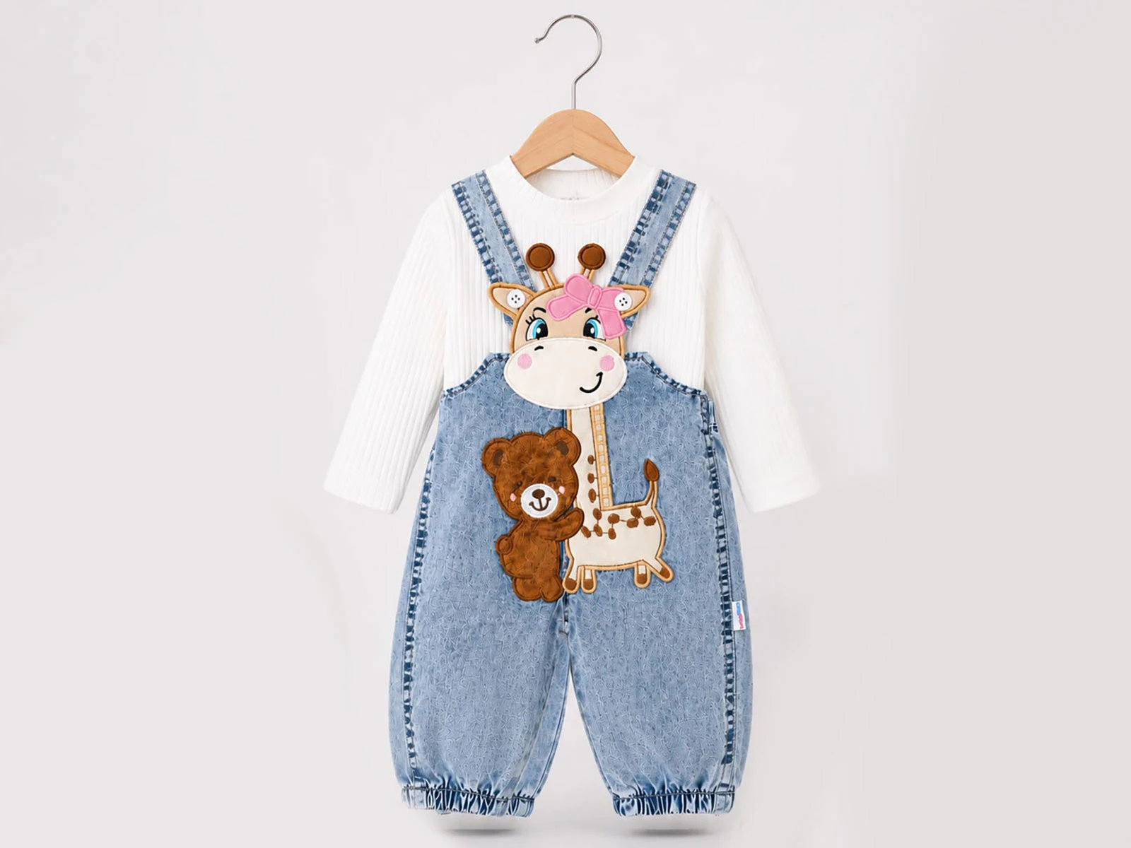 Toptan BABY İCON Zürafa Nakışlı Kız Bebek Kot Salopet Set Toptan Bebek Çocuk Giyim - Beniz Kids