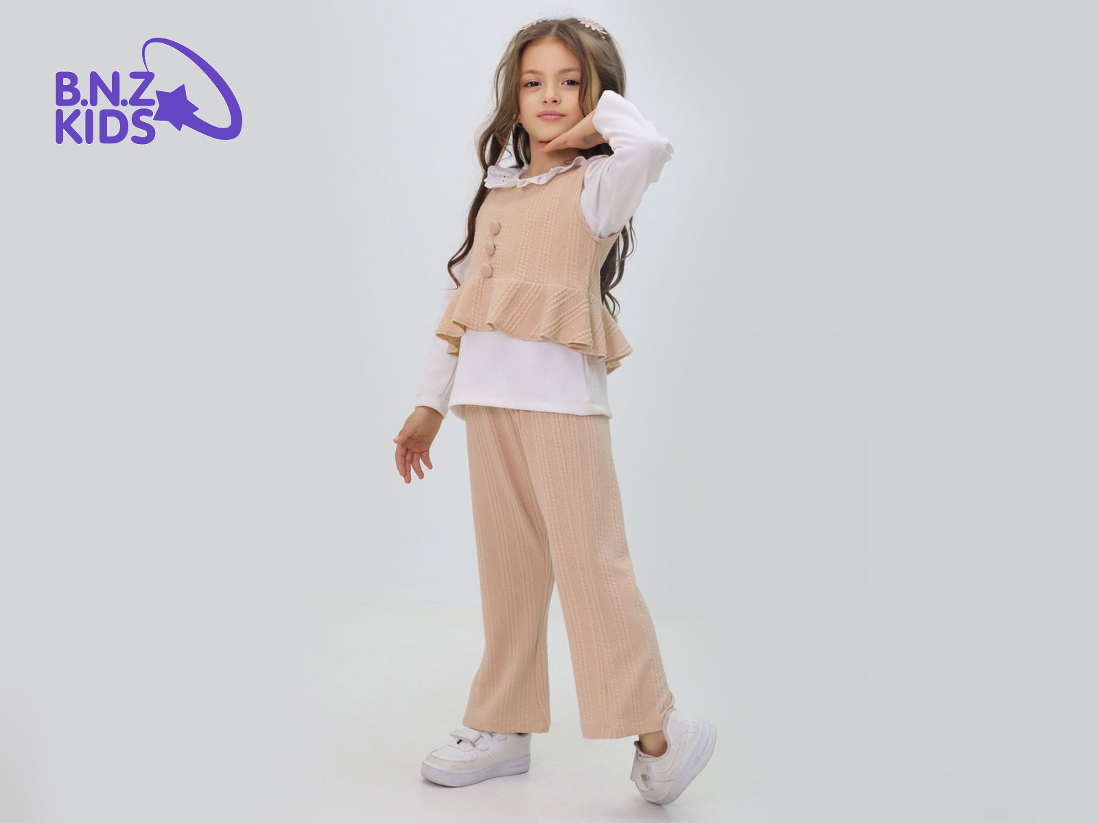 Toptan İNCİLAY Düğme Detaylı Yakası Dantelli Saç Örgü Üçlü Kız Takım Toptan Bebek Çocuk Giyim - Beniz Kids