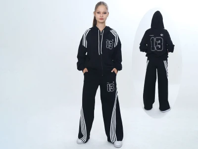 Toptan VIZVIZ 13 Baskılı Çizgili Fermuarlı Kız Takım - Toptan Çocuk Giyim Beniz Kids