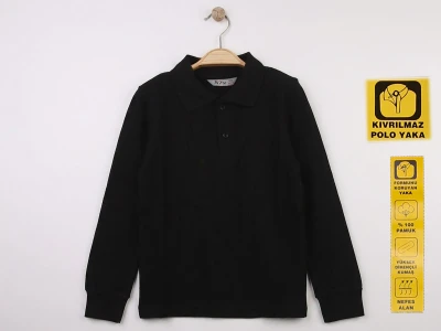 Toptan NZY 2XL Beden Siyah Renk Kıvrılmaz Yaka Okul Polo Yaka Lakos Sweat - Toptan Çocuk Giyim Beniz Kids