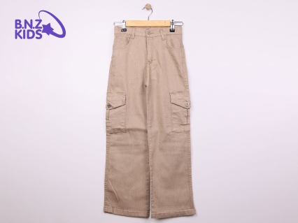 Yüksek Bel Geniş Paça Komando Cepli Kız Kot Pantolon