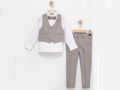 6 Düğmeli Yelekli Papyonlu Erkek Üçlü Takım