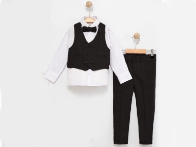 6 Düğmeli Yelekli Papyonlu Erkek Üçlü Takım