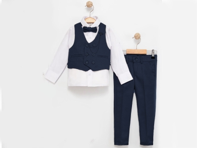 6 Düğmeli Yelekli Papyonlu Erkek Üçlü Takım