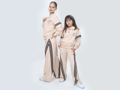 Toptan VIZVIZ 67 Baskılı Çizgili 2 İp Kız Takım  KREM - Beniz Bebe