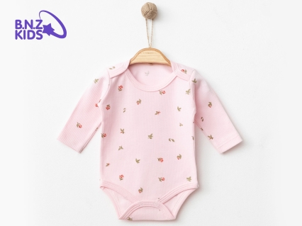 Toptan NAYINOM Lale Desenli Raporlu Kız Çıtçıtlı Badi PEMBE - Beniz Bebe