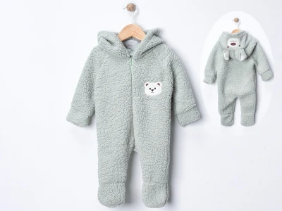 Toptan DENİTO Ayıcık Armalı Şapkalı Peluş Unisex Bebe Tulum - Toptan Çocuk Giyim Beniz Kids