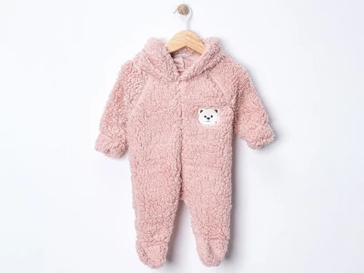 Toptan DENİTO Ayıcık Armalı Şapkalı Peluş Unisex Bebe Tulum GÜLKURUSU - Beniz Bebe