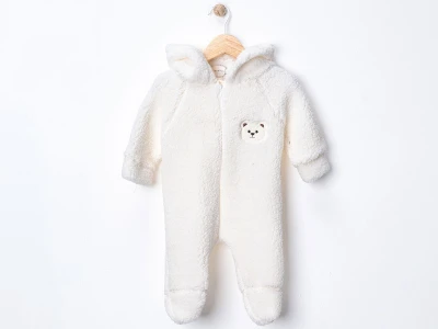 Toptan DENİTO Ayıcık Armalı Şapkalı Peluş Unisex Bebe Tulum BEYAZ - Beniz Bebe