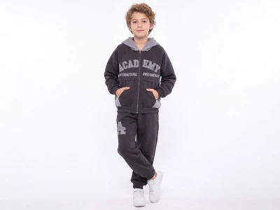 Toptan FEELY KİDS Academy Baskılı Cepli Kapşonlu 3 İp Şardonlu Erkek Takım  - Toptan Çocuk Giyim Beniz Kids