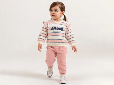 Toptan ÇITIR KİDS Amour Nakışlı 3 İp Şardonlu Kız Bebe Takım  - Toptan Çocuk Giyim Beniz Kids