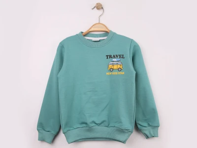 Toptan WENGE KİDS Araba Baskılı 2 İp Erkek Sweat  SUYEŞİLİ - Beniz Bebe