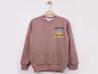 Toptan WENGE KİDS Araba Baskılı 2 İp Erkek Sweat  KAHVERENGİ - Beniz Bebe