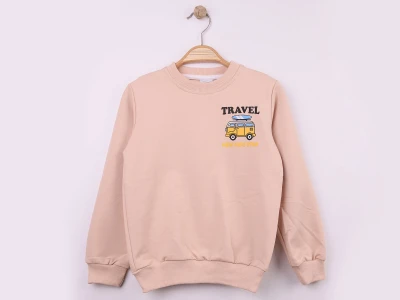 Toptan WENGE KİDS Araba Baskılı 2 İp Erkek Sweat  BEJ - Beniz Bebe