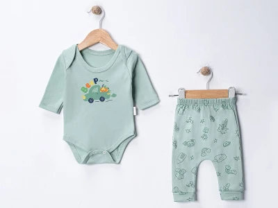 Toptan SÜPERMİNİ  Araba Baskılı Erkek Bebe Takım Green - Beniz Bebe
