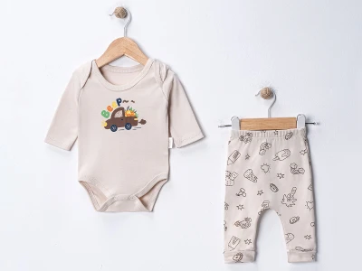 Toptan SÜPERMİNİ  Araba Baskılı Erkek Bebe Takım Beige - Beniz Bebe
