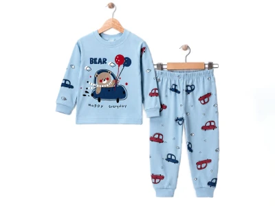 Toptan SÜPERMİNİ Araba Baskılı Erkek Bebek Pijama Takımı MAVİ - Beniz Bebe