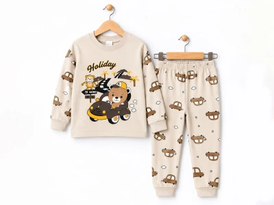 Toptan SÜPERMİNİ Araba Baskılı Erkek Çocuk Pijama Takımı BEJ - Beniz Bebe
