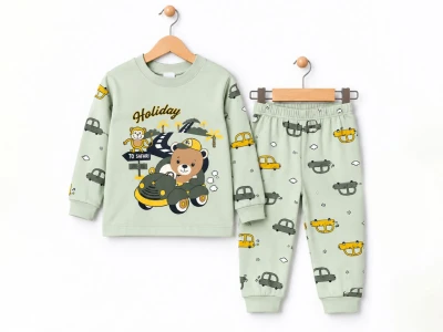 Toptan SÜPERMİNİ Araba Baskılı Erkek Çocuk Pijama Takımı YEŞİL - Beniz Bebe