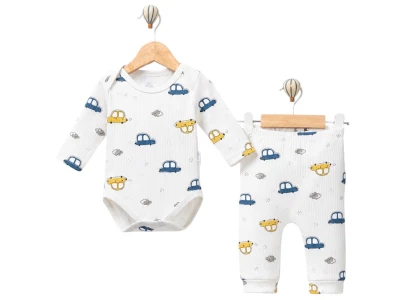 Toptan SÜPERMİNİ  Araba Desenli Erkek Bebe Takım  MAVİ - Beniz Bebe