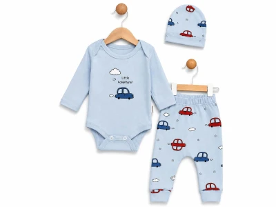 Toptan SÜPERMİNİ  Araba Desenli Erkek Bebe Üçlü Takım - Toptan Çocuk Giyim Beniz Kids