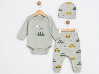 Toptan SÜPERMİNİ  Araba Desenli Erkek Bebe Üçlü Takım SUYEŞİLİ - Beniz Bebe