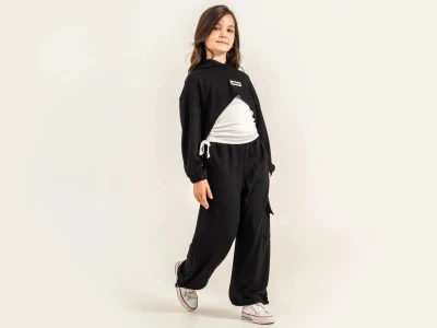 Toptan ÖZ BEBE Armalı Fiyonklu Crop Üçlü Kız Takım  SİYAH - Beniz Bebe