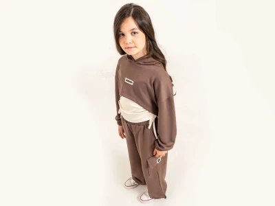 Toptan ÖZ BEBE Armalı Fiyonklu Crop Üçlü Kız Takım  KAHVERENGİ - Beniz Bebe
