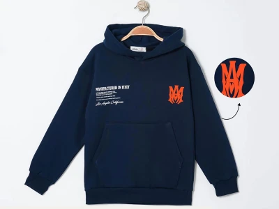 Toptan RUHAT KİDS Armalı Kanguru Cepli 3 İp Şardonlu Erkek Sweat  Navy blue - Beniz Bebe