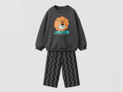 Toptan LUCCO Aslan Baskılı 3 İp Şardonsuz Erkek Çocuk Takım - Toptan Çocuk Giyim Beniz Kids