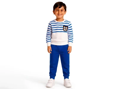 Toptan BİTTOŞ KİDS Aslan Baskılı Çizgili 3 İp Şardonlu Erkek Takım  MAVİ - Beniz Bebe