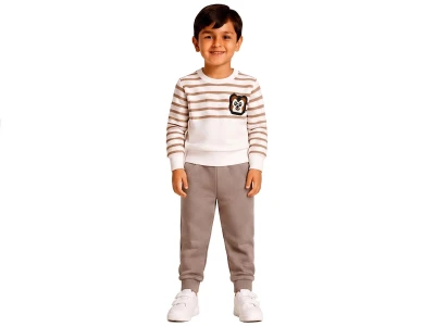 Toptan BİTTOŞ KİDS Aslan Baskılı Çizgili 3 İp Şardonlu Erkek Takım  BEJ - Beniz Bebe